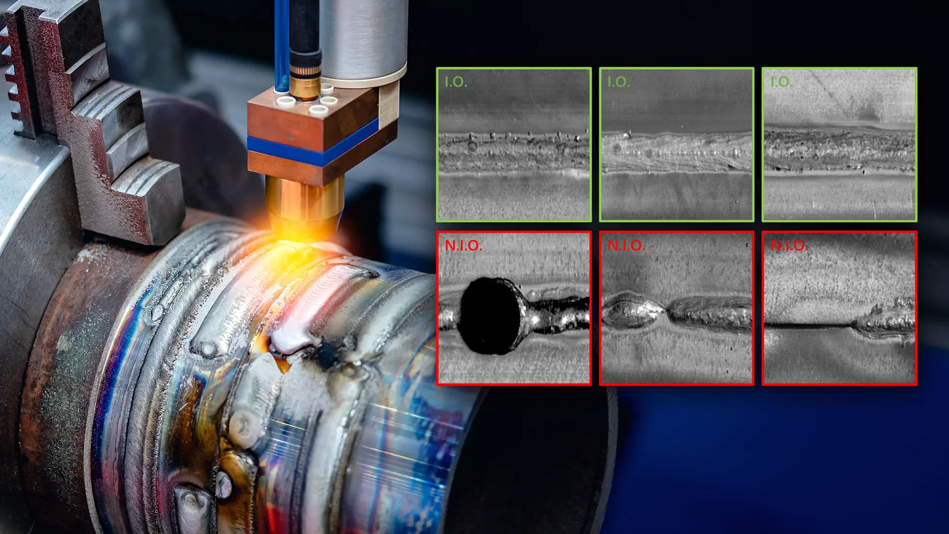 Welding process with AI-based weld seam inspection showing OK and NOT OK classification